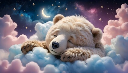 tranquil sleeping bear resting on a cloud in a calm sky for use in advertising campaigns related to relaxation or childhood dreams