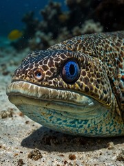 Giant moray eel with blue eyes.