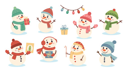 Set of cute snowman characters. Vector illustration in cartoon style.