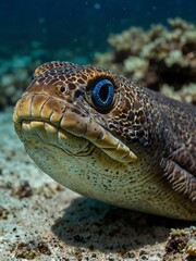 Giant moray eel with blue eyes.