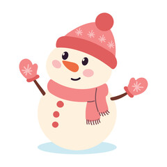 Cute snowman with scarf and mittens. Vector illustration.