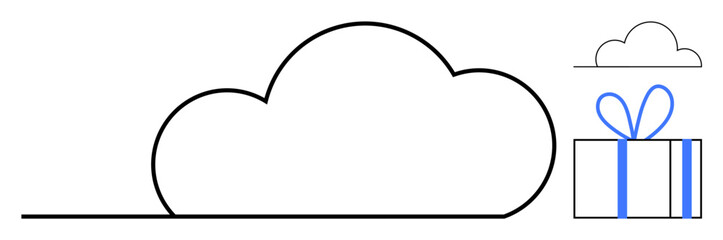 Obraz premium Large cloud outline with a smaller cloud and wrapped gift box tied with a ribbon. Ideal for cloud computing, digital storage, online services, data security, technology solutions, file sharing