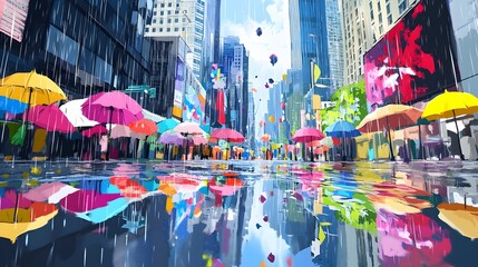 Colorful Umbrellas In A Rainy City Street Scene