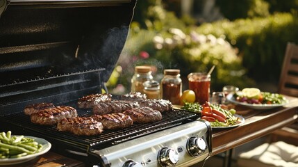 A backyard grill loaded with sizzling steaks, surrounded by plates of fresh vegetables and condiments on a rustic wooden table.