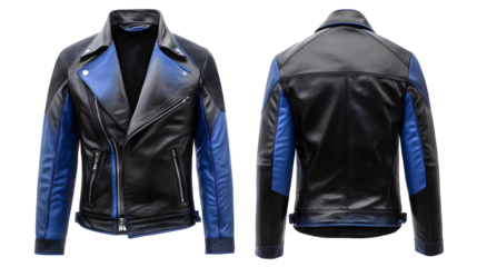 Men's black leather jacket front and back views