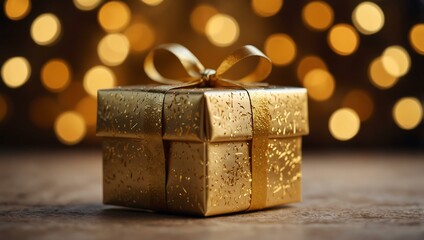 Gift box wrapped in gold, set against a blurred bokeh background.