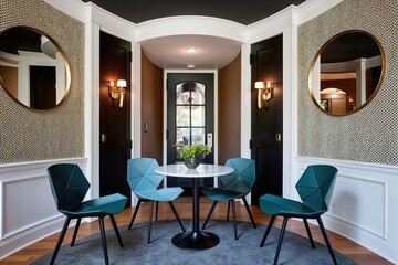 Sleek Geometric Chairs and Bistro Table in Modern Room with Patterned Walls and Curved Entryway