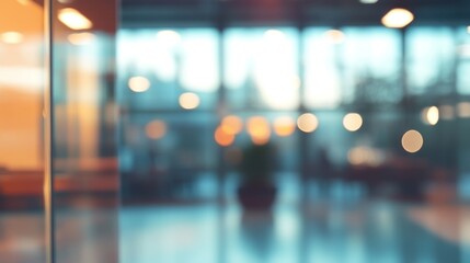 Abstract Blurred Office Interior with Warm Lighting and Glass Walls