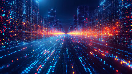 Digital landscape with vibrant lights representing data flow in a futuristic city at night. Generative AI