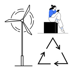 Wind turbine, recycling triangle, woman using mobile device seated on box. Ideal for sustainability, renewable energy, environmentalism, technology, recycling, eco-friendly practices green