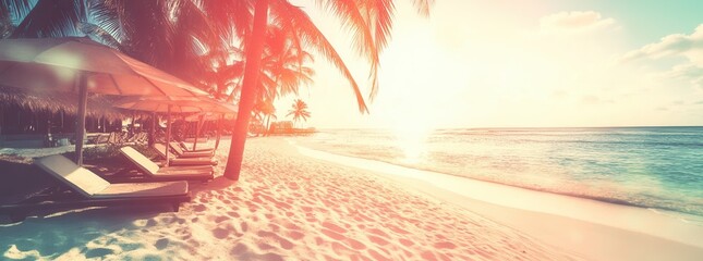 Exquisite tropical beach banner with white sand and palm trees, wide panorama background for travel tourism concept. Beautiful beach landscape