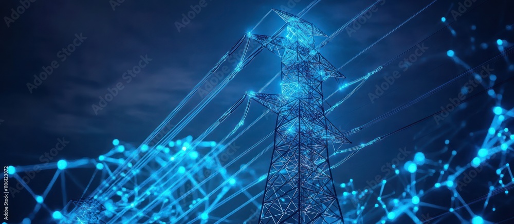 Aufkleber abstract image of a power line tower with a glowing blue network design.