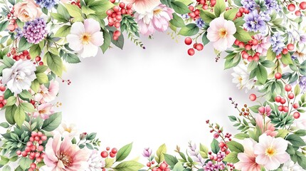 Fototapeta premium Floral wreath with watercolor elements and berries, greenery, branches