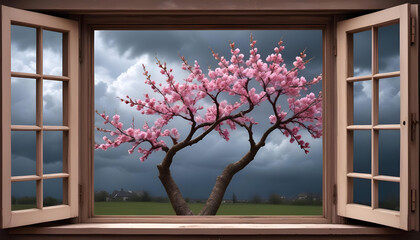 A pink cherry blossom tree outside a window with a scenic view of a cloudy sky