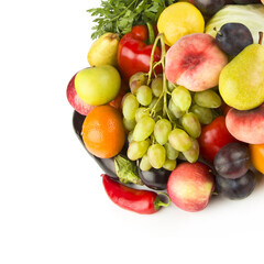 Set of vegetables and fruits isolated on a white. Free space for text.