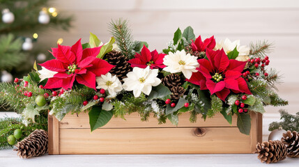 Naklejka premium Winter floral arrangements in wooden crate featuring red and white poinsettias, pinecones, and greenery create festive atmosphere. Perfect for holiday decor