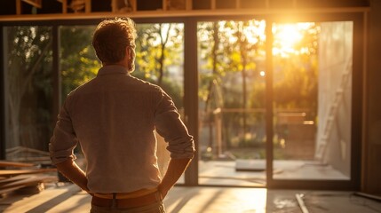Man looking through window at sunset in unfinished house.