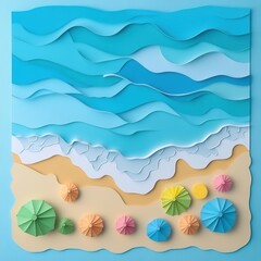 A lively, minimalist beach background with paper-crafted sand and sea, complete with beach umbrellas and towels. Ideal for a summer vacation theme