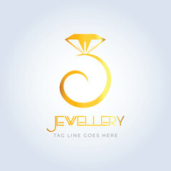 Golden ring, jewelry logo, jewelry shop logo, golden color, unique shape, sparkle diamond, unique logo, creative logo, silver background