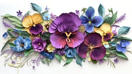 Vibrant floral bouquet featuring pansy, azalea, iris, bird of paradise, and anemone, arranged with vivid colors and elegant composition, symbolizing luxury and celebration.