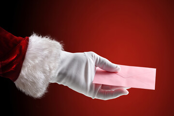 Santa Claus hand holding pink envelope on red isolated background