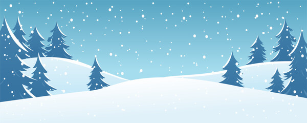 Winter hills in snowy weather. Winter landscape of forest, hills and snow. Winter nature vector illustration for Christmas design. The concept of hiking and travel.