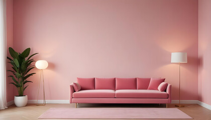 A pink velvet sofa in a minimalist room with a curved pink wall and a floor lamp
