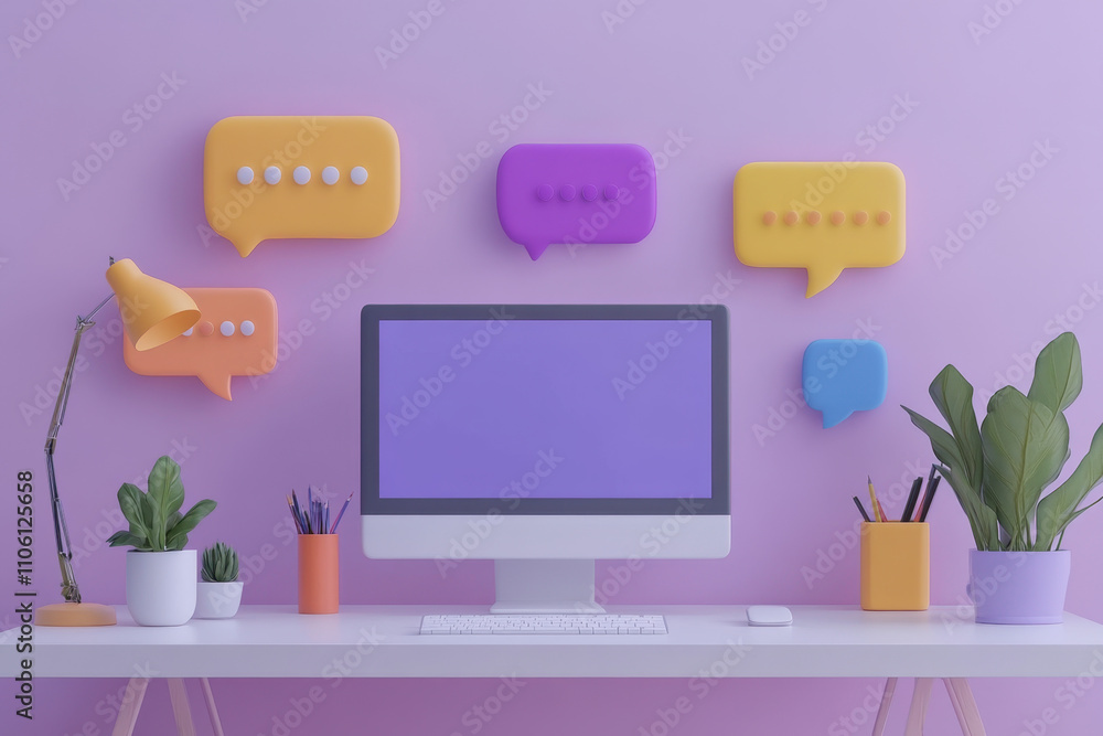 Poster gossip workplace. a modern workspace featuring a computer on a white desk with colorful speech bubbl