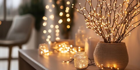 Close-up of sparkling decorations and fairy lights, creating a warm and festive aesthetic