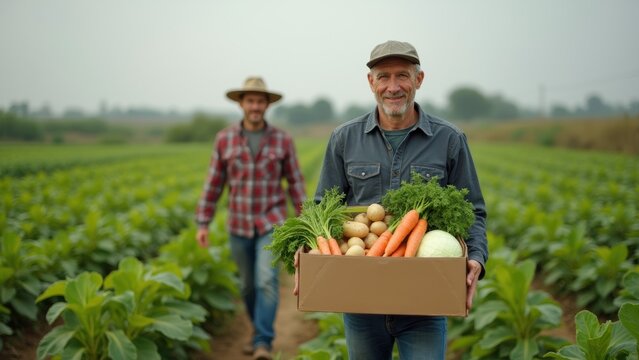 Two farmers work together in a vibrant green field, one carrying a box filled with fresh vegetables like carrots and potatoes while the other smiles in the background