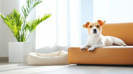 A stylish living room with a leather sofa, featuring a dog bed placed conveniently next to it, creating a comfortable and pet friendly space.