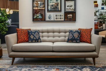 retro living room design, mid-century modern sofa set in a tastefully decorated room with vintage accents, text-friendly space