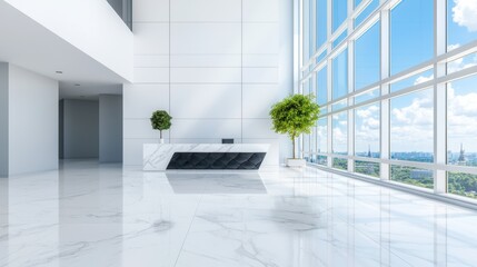 A modern office lobby with a sleek reception desk and floor to ceiling windows, featuring a black leather sofa and a stylish coffee table, creating a welcoming and professional atmosphere.
