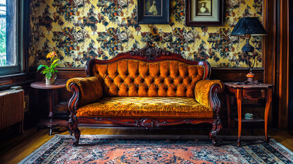 A charming vintage living room featuring antique furniture, patterned wallpaper, and soft lighting, exuding character and warmth, perfect for creating a nostalgic ambiance.