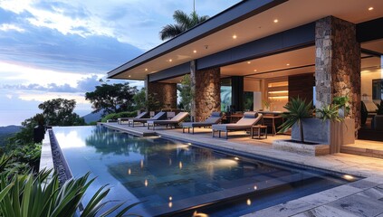Modern Luxury Home with Outdoor Pool and Loungers at Night in Hawaii
