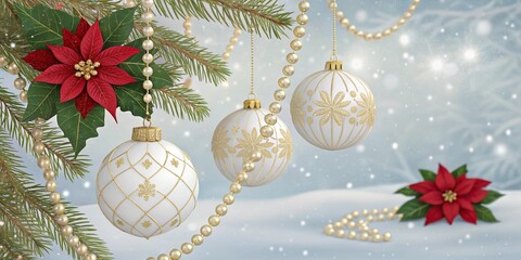 Winter Holiday Decor Featuring Gold Beads and Poinsettia on Snow