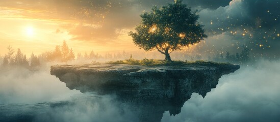 Fototapeta premium A lone tree stands on a floating island, bathed in the warm glow of the setting sun. The island is surrounded by clouds and mist, creating a magical and ethereal atmosphere.