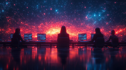 Computer programmers analyze cosmic data in a futuristic lab with vibrant cosmic backdrop. Generative AI