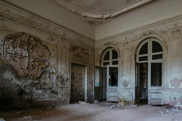 Old ruined abandoned Palace of the Grand Prince Mikhail Nikolaevich Romanov. Manor Mikhailovka in Peterhof