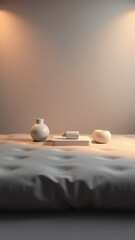 Product on a gray surface with ambient softbox lights creating a cozy ambiance, warm and inviting, , softbox lights, elegant product