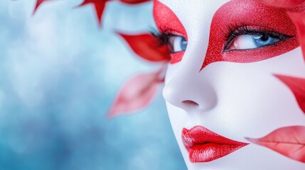 Obraz premium Creative Masquerade Celebration for April Fools Day With Striking Red Leaf Makeup