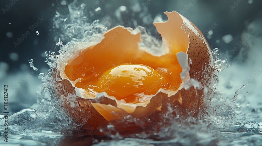 Poster broken eggshell with yolk and splashing water.