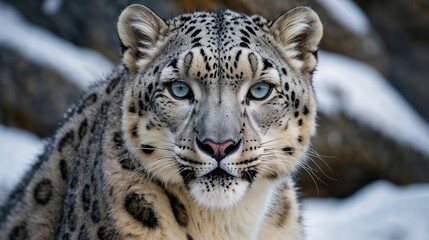 Obraz premium Close-up portrait of a majestic snow leopard with striking blue eyes and snowy background
