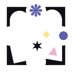 Abstract geometric shapes and icons. 