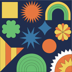 Abstract geometric shapes and icons. 