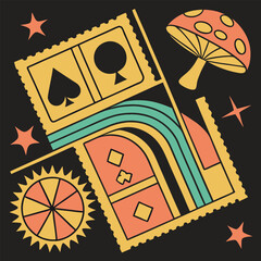 Abstract geometric shapes and icons. 