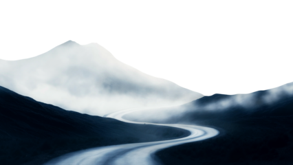 curving mountain road enveloped in mist