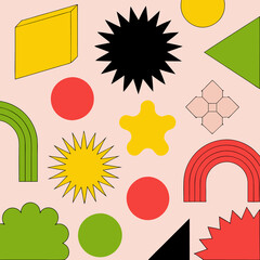 Abstract geometric shapes and icons. 