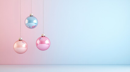 Hanging pastel pink and blue Christmas baubles with golden caps on a gradient pink and blue background. Minimalistic holiday design with copy space. Design for greeting cards, banners, posters