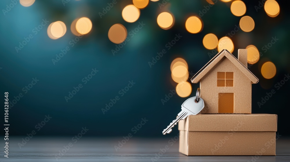 Poster a key fob with a house icon resting on a stack of moving boxes, symbolizing relocation, new adventur